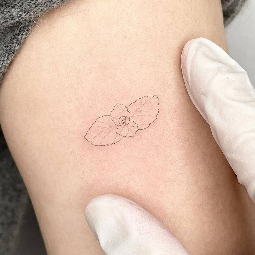 Tattoo of mint leaves located on the inner arm, done in fine line.