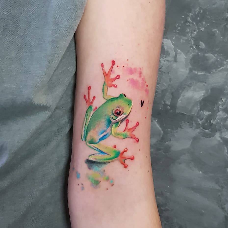 Watercolor red-eyed tree frog tattoo placed on the bicep.