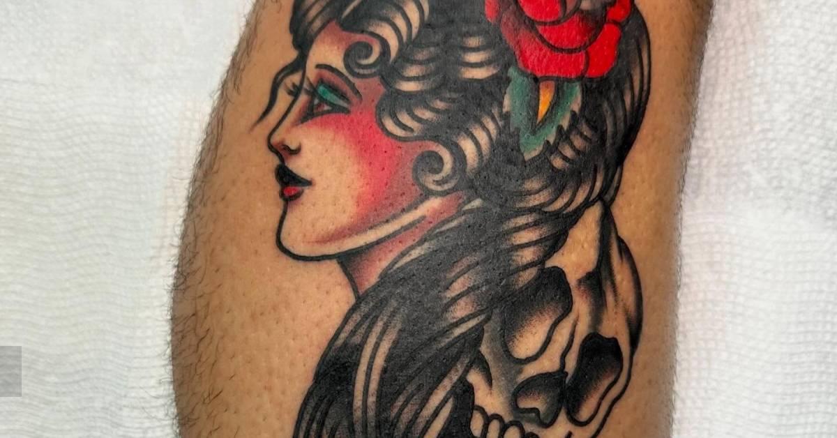 Traditional style woman portrait and skull tattoo