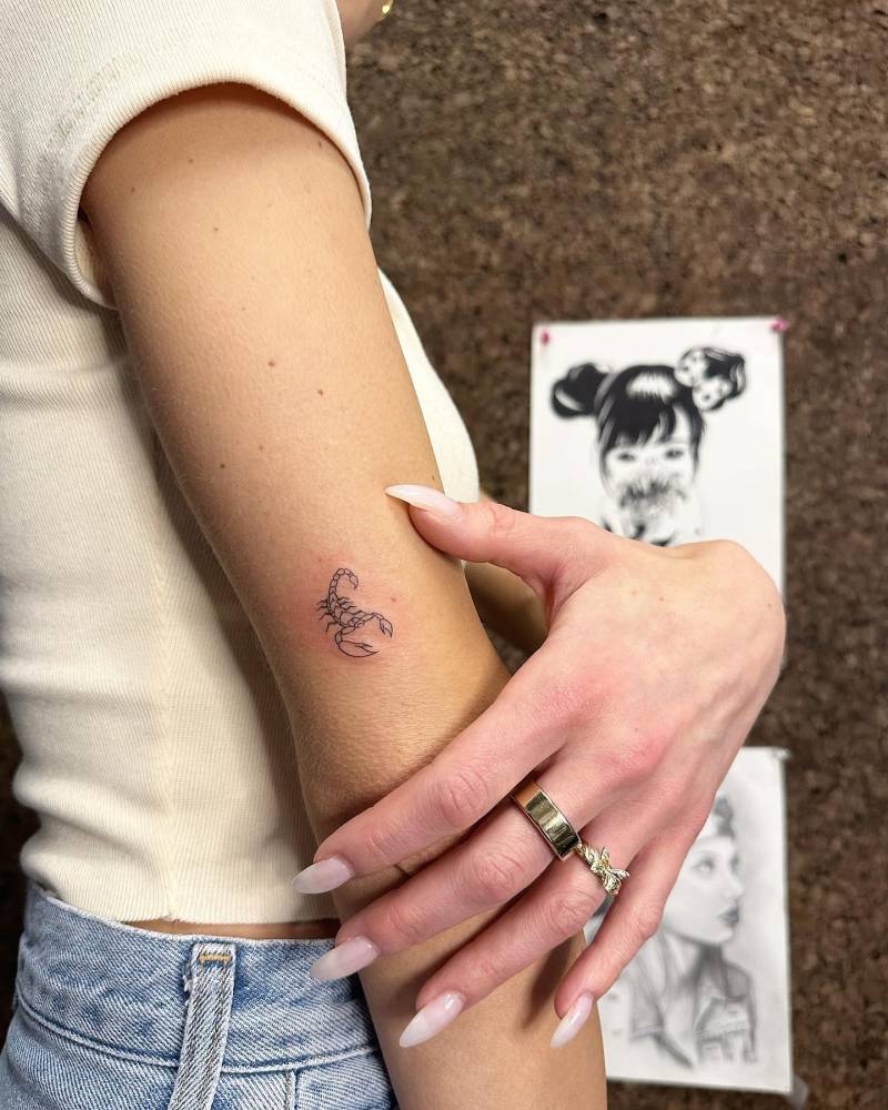Fine line style scorpion tattoo located on the tricep.