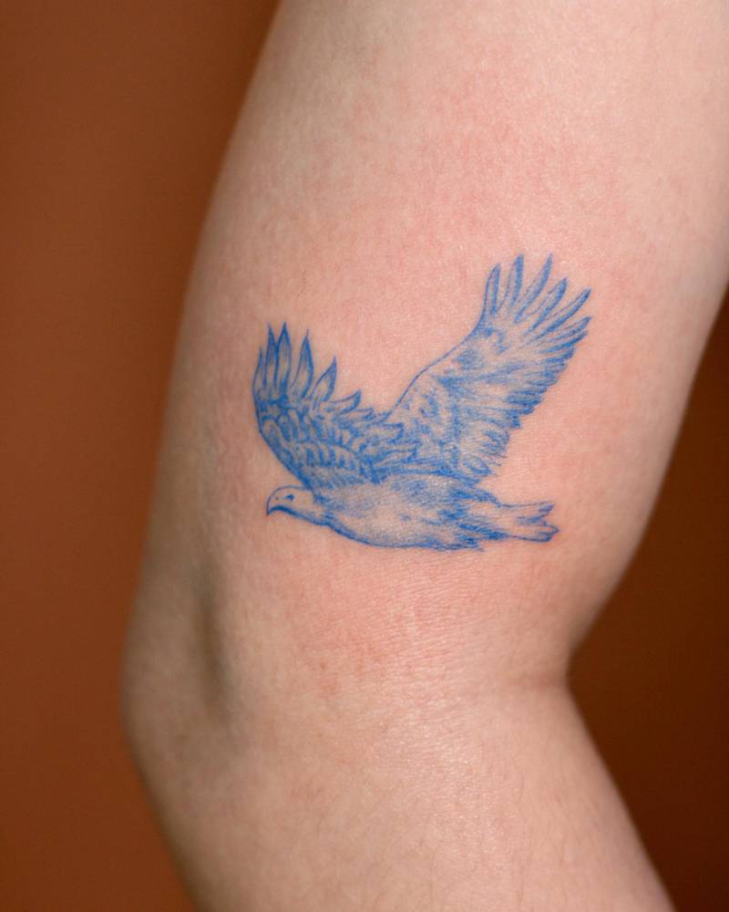 Watercolor style eagle tattoo located on the upper arm.