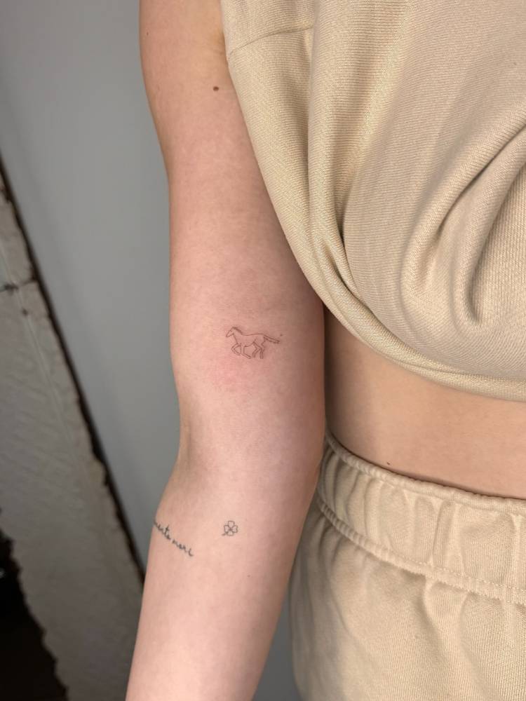 Minimalistic style tiny horse tattoo done on the inner forearm.