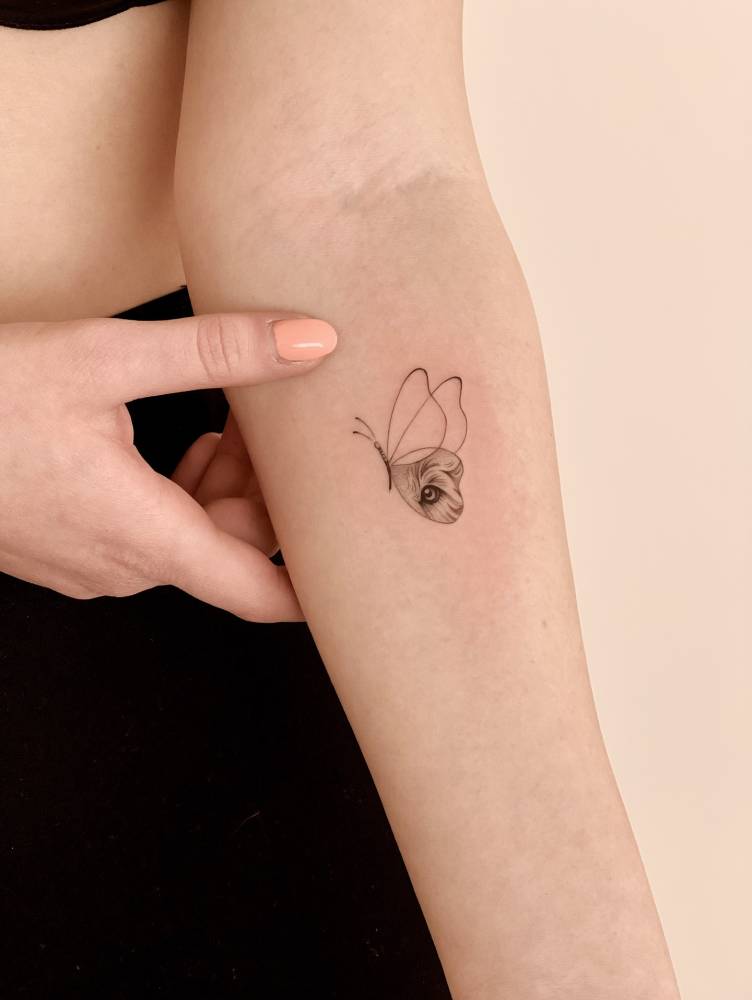 Illustrative style butterfly tattoo located on the inner forearm.