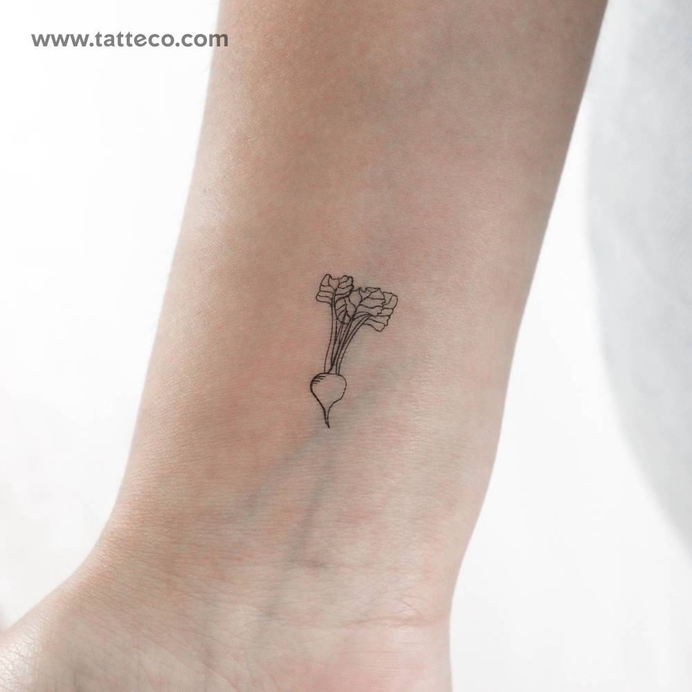 Radish temporary tattoo placed on the wrist, fine line style.