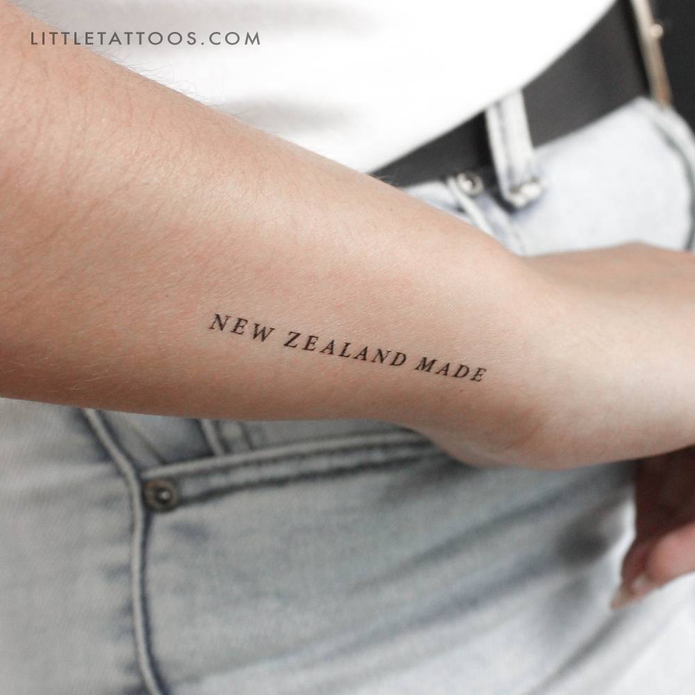 "New Zealand made" temporary tattoo located on the wrist.