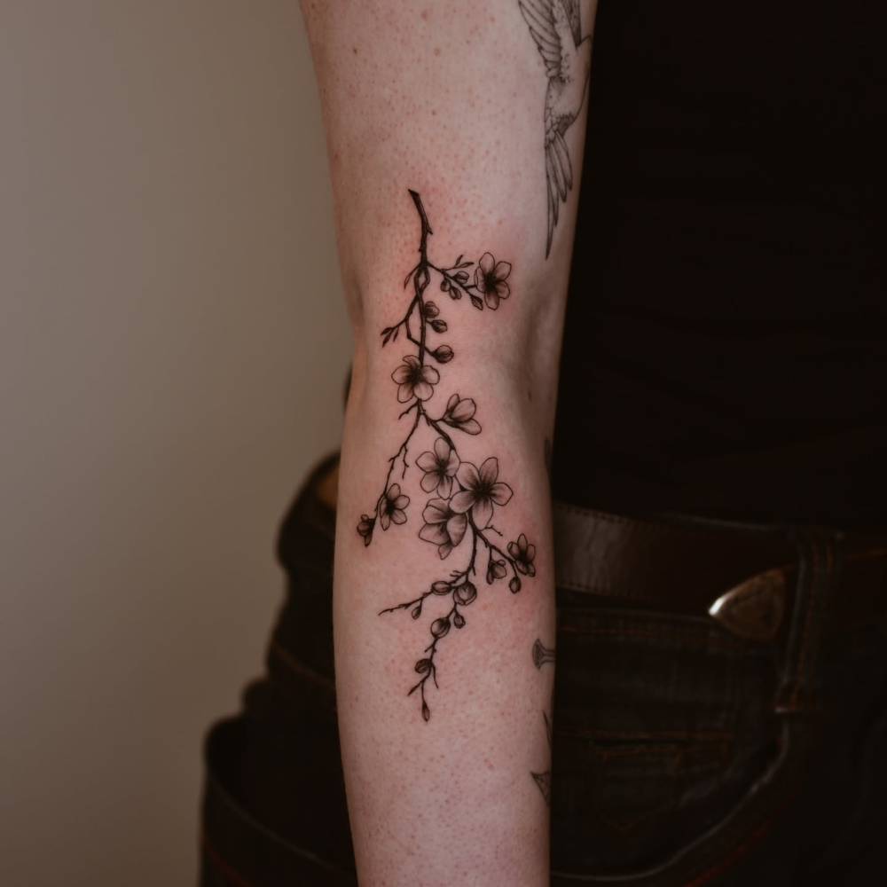 Illustrative style cherry blossom tattoo located on the arm.