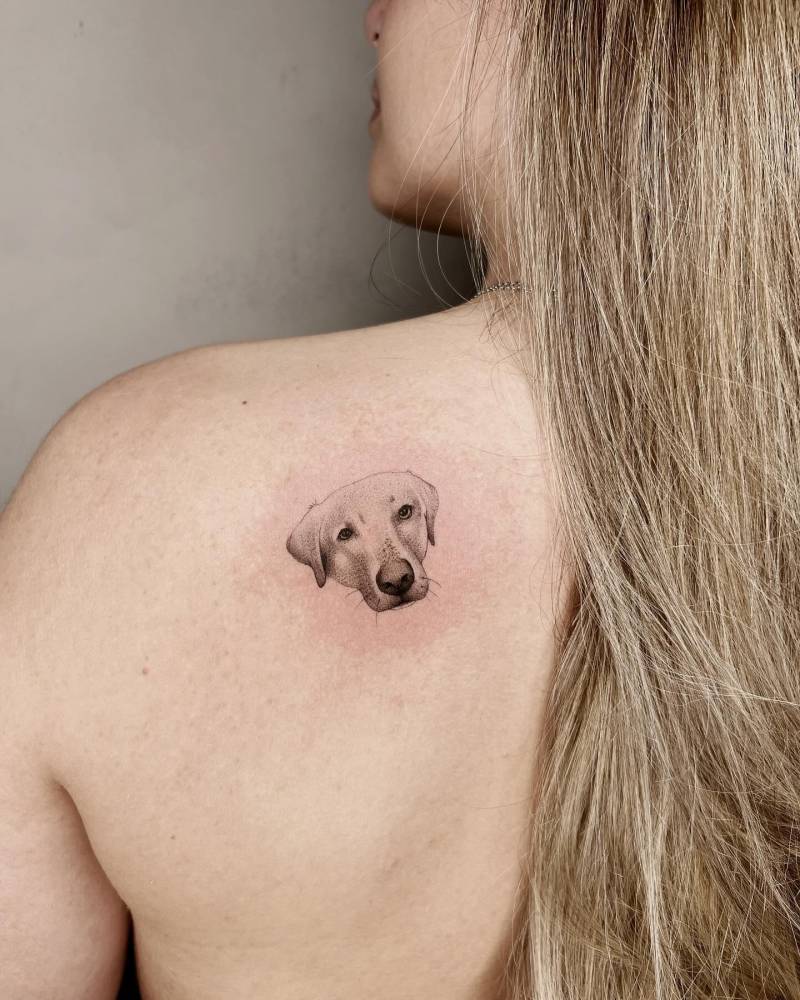 Micro-realistic style Labrador portrait tattoo located on the shoulder blade.