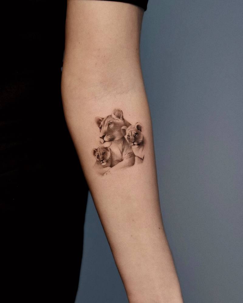 Micro-realistic style lioness and cubs portrait tattoo located on the inner forearm.