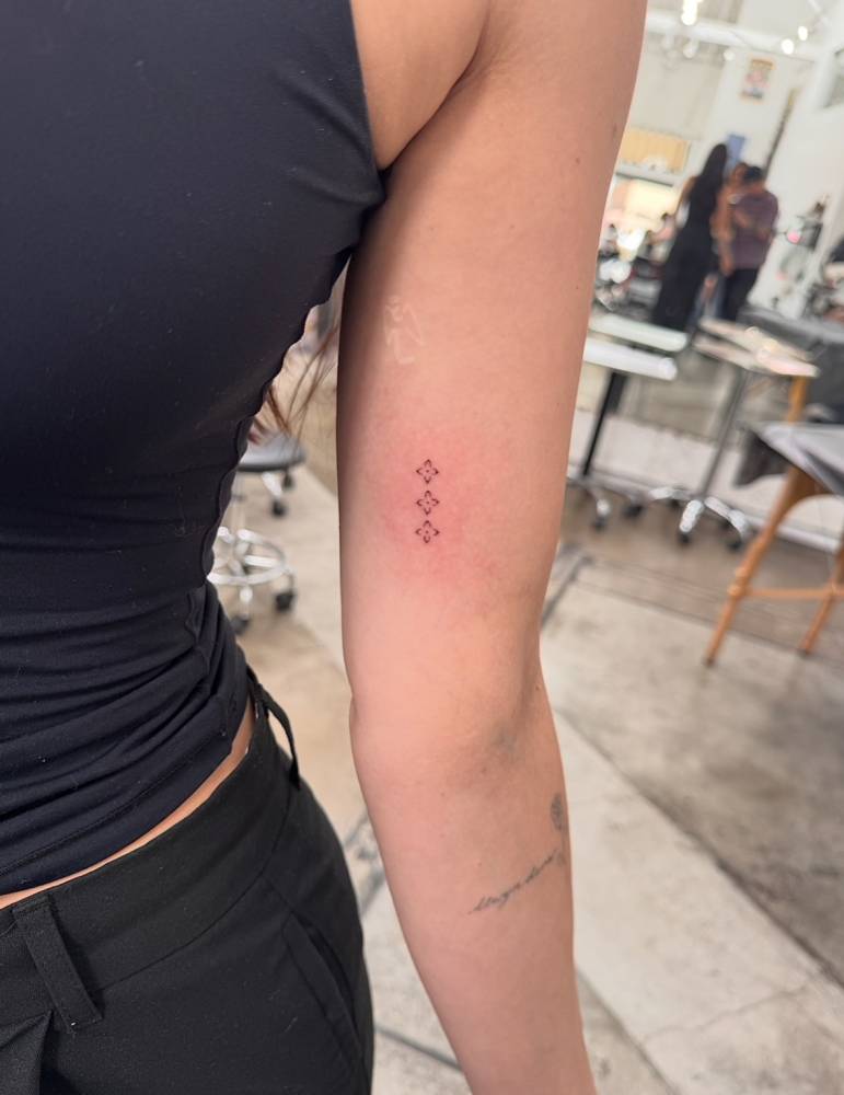 Single needle ornaments tattoo located on the inner arm.