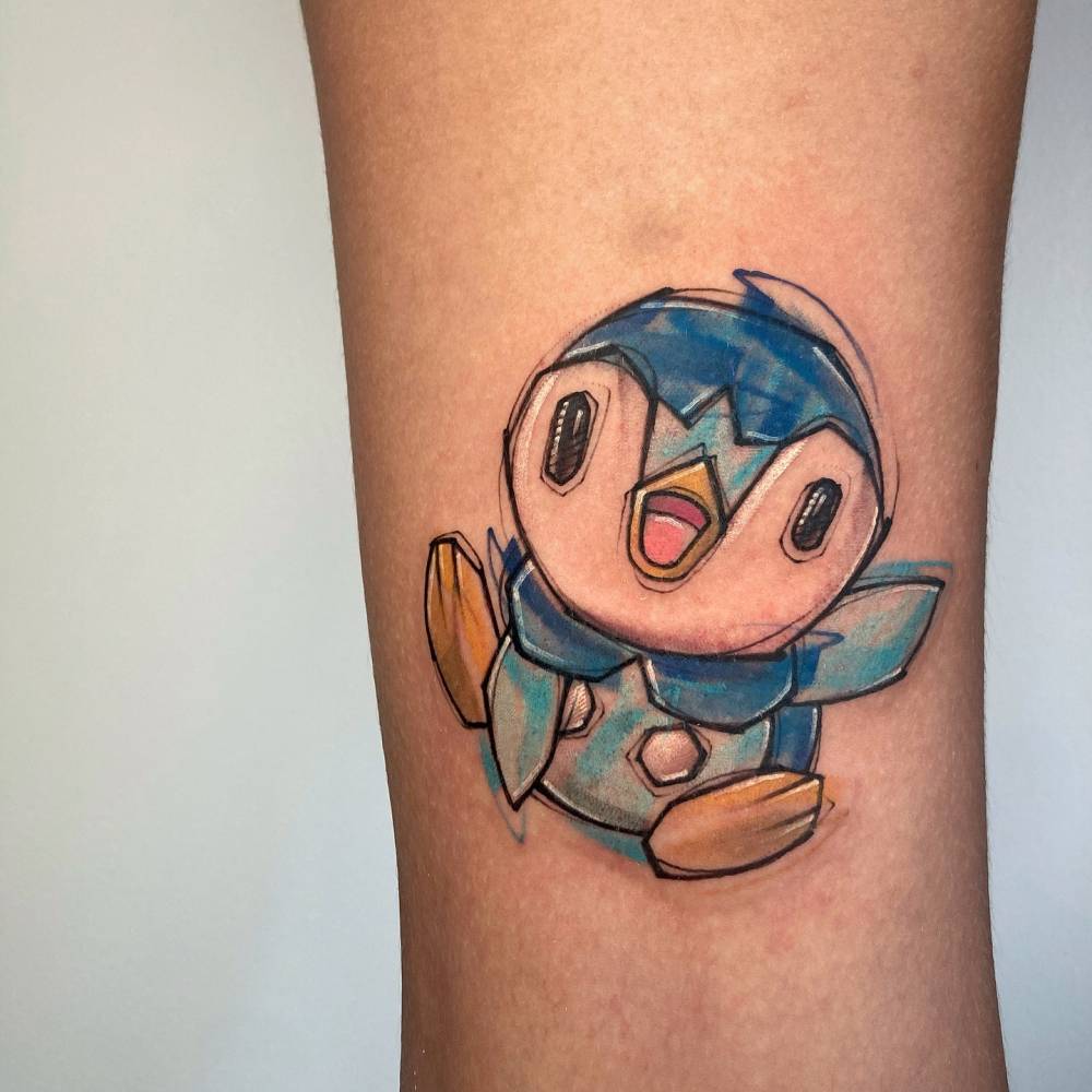 Sketch work style Piplup tattoo located on the wrist.