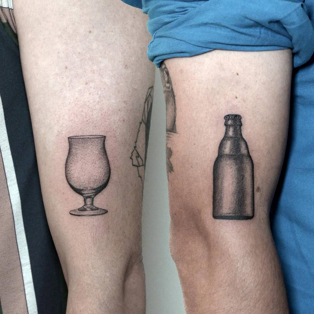 Matching glass and beer bottle tattoo for best friends.