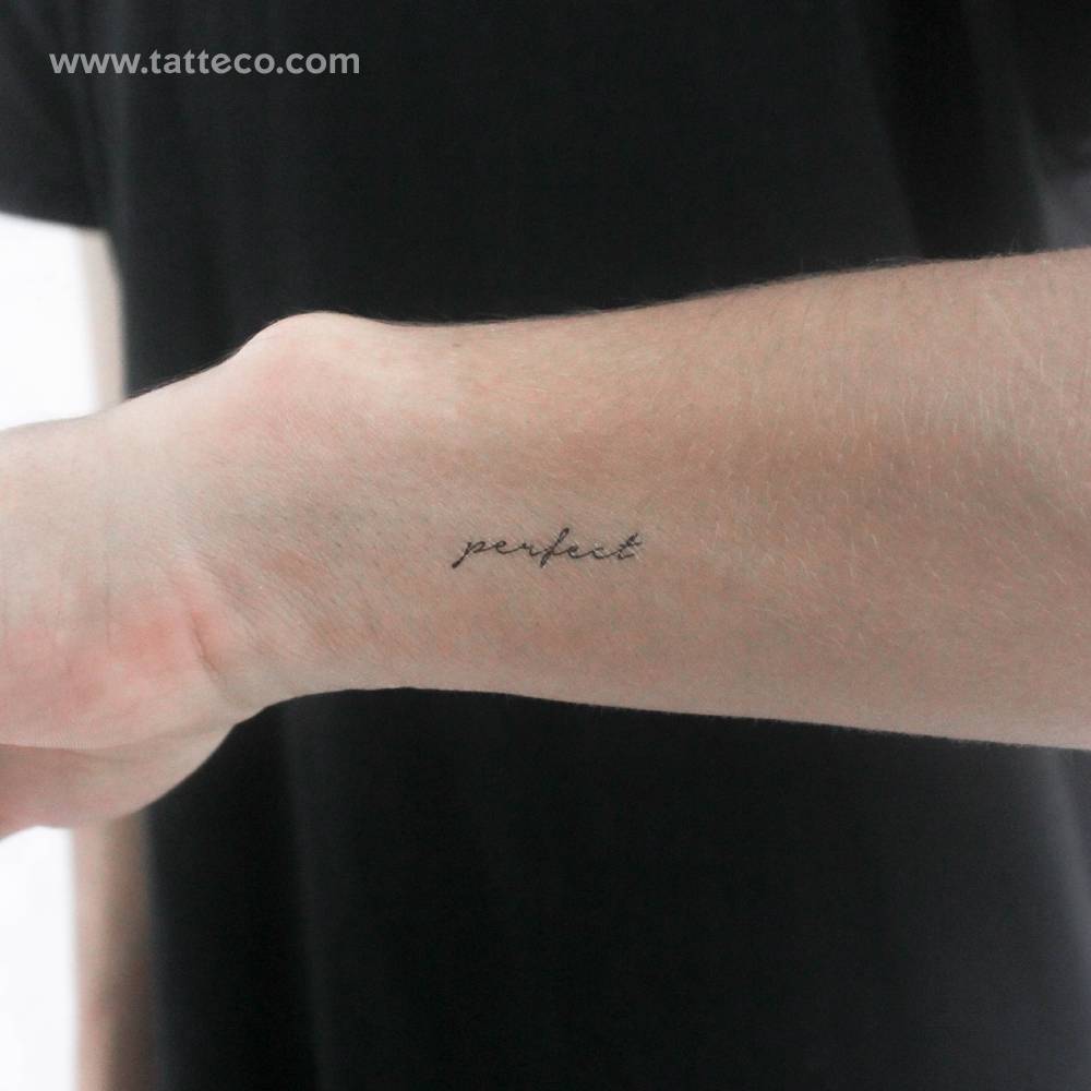 Handwritten font word "perfect" temporary lettering tattoo.