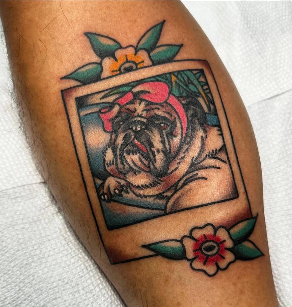 Bulldog Polaroid tattoo located on the calf, done in traditional style.
