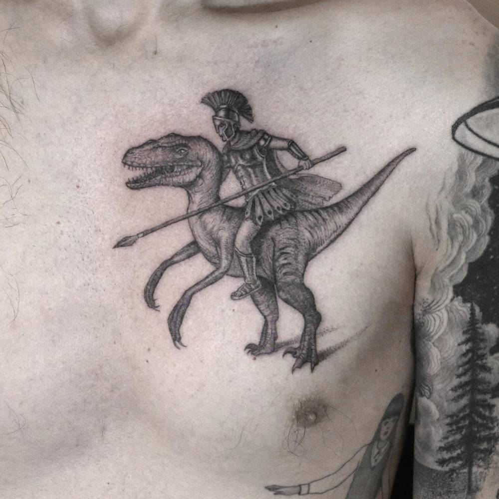 Roman warrior and velociraptor tattoo located on the chest, illustrative style.