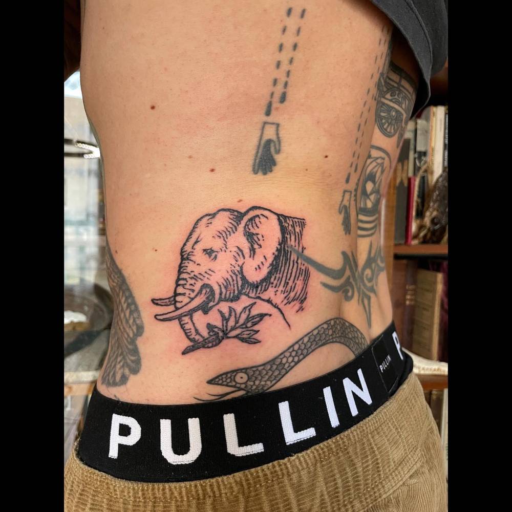 Engraving style elephant portrait tattoo located on the waist.