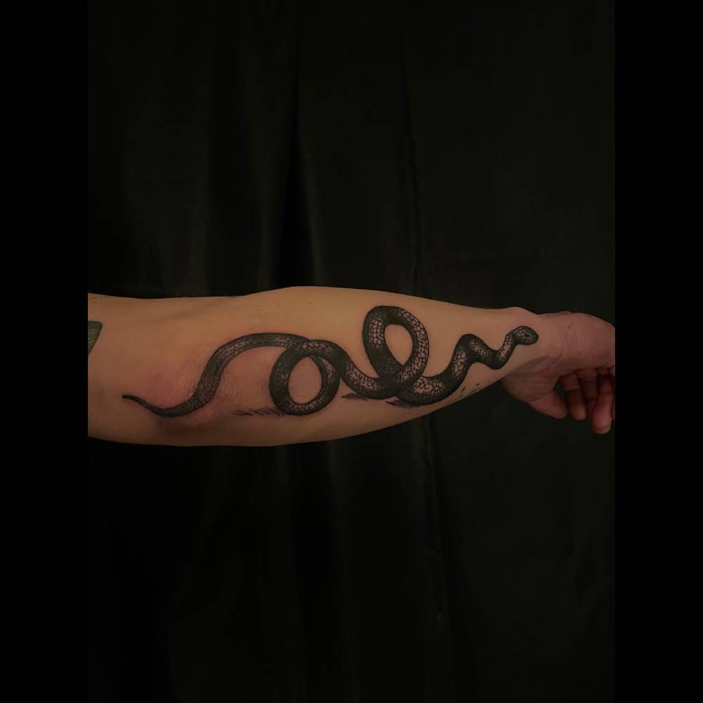 Snake tattoo in blackwork style placed on the forearm.