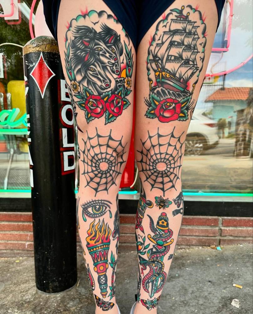 Traditional style leg composition tattoos.