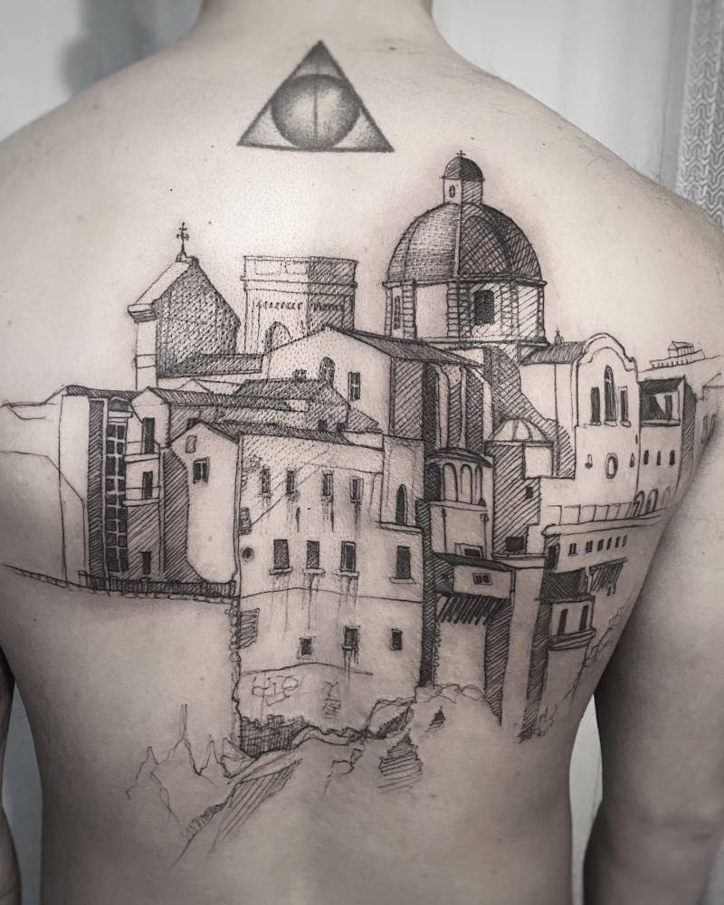 City of Cagliari backpiece tattoo in sketch work style.