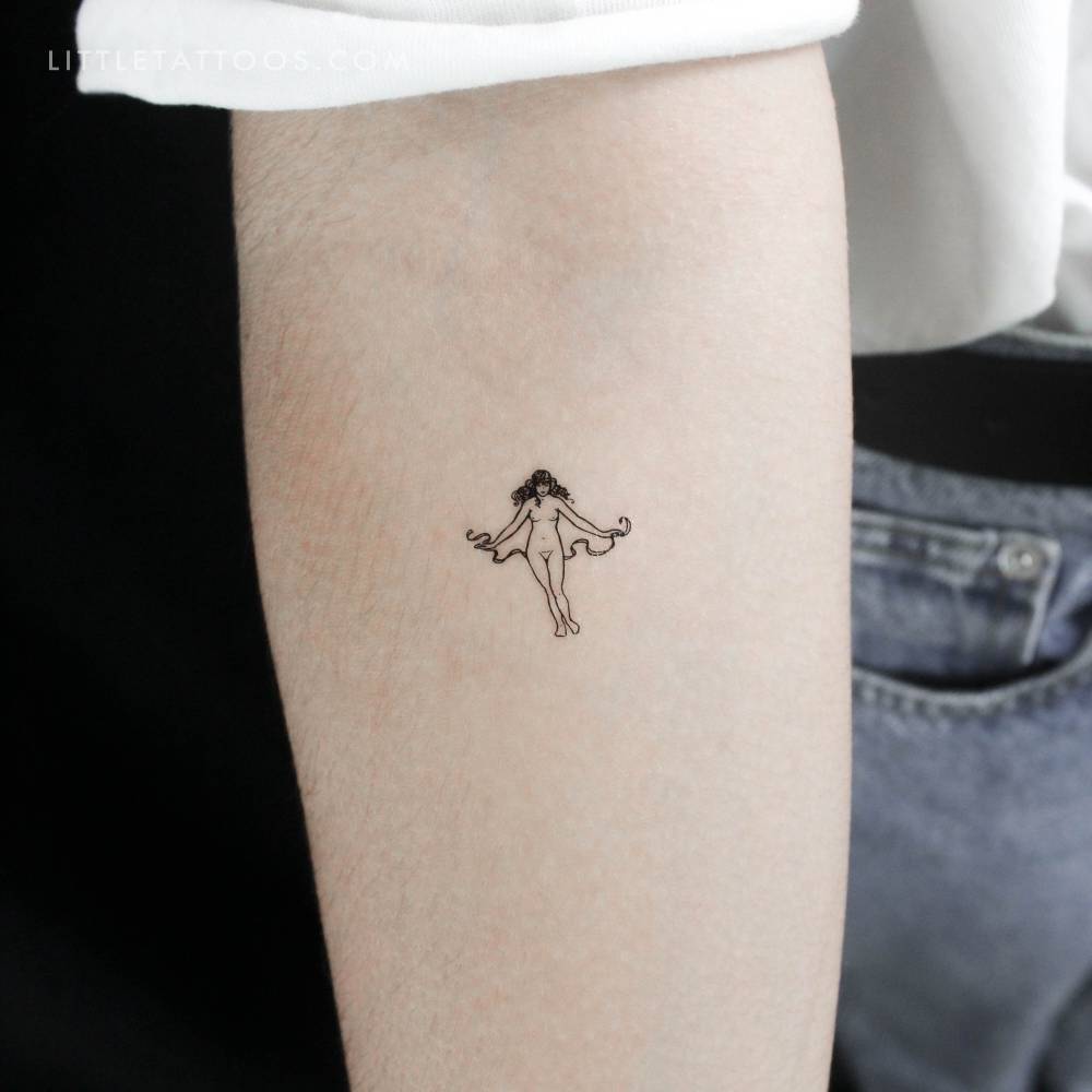 Maiden temporary tattoo in minimalistic style located on the inner forearm.