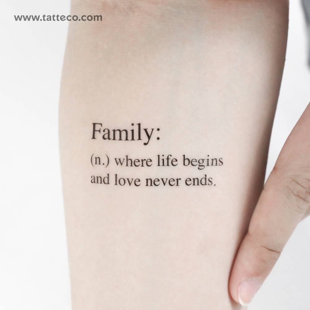 Family description temporary tattoo located on the inner forearm.