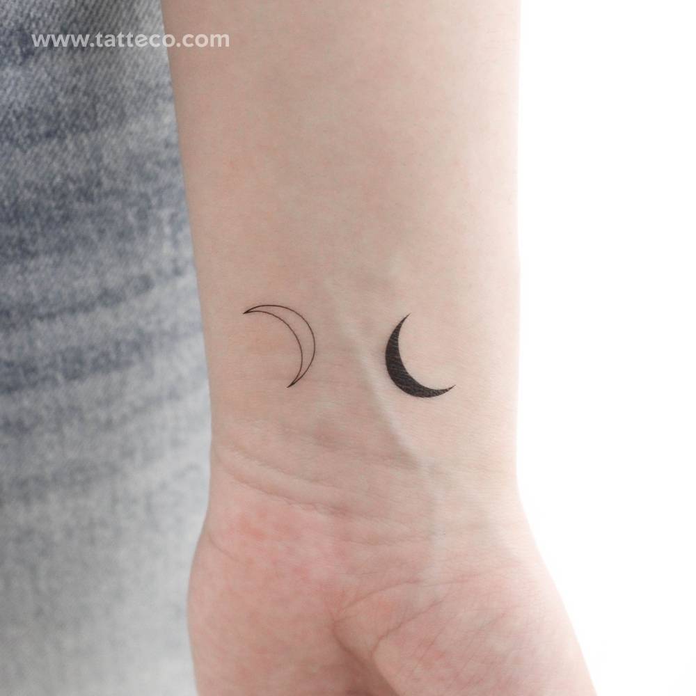 Crescent couple temporary tattoo located on the wrist.