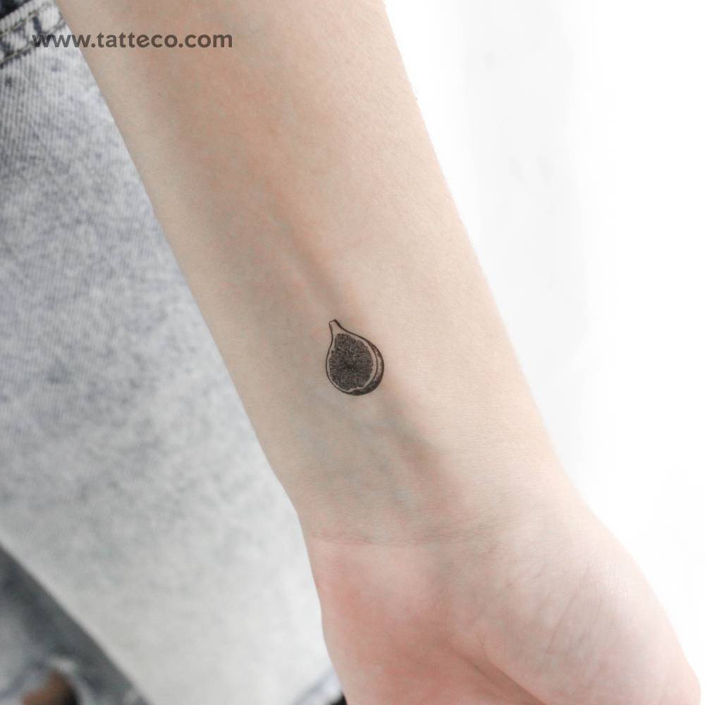 Small fig temporary tattoo placed on the wrist.