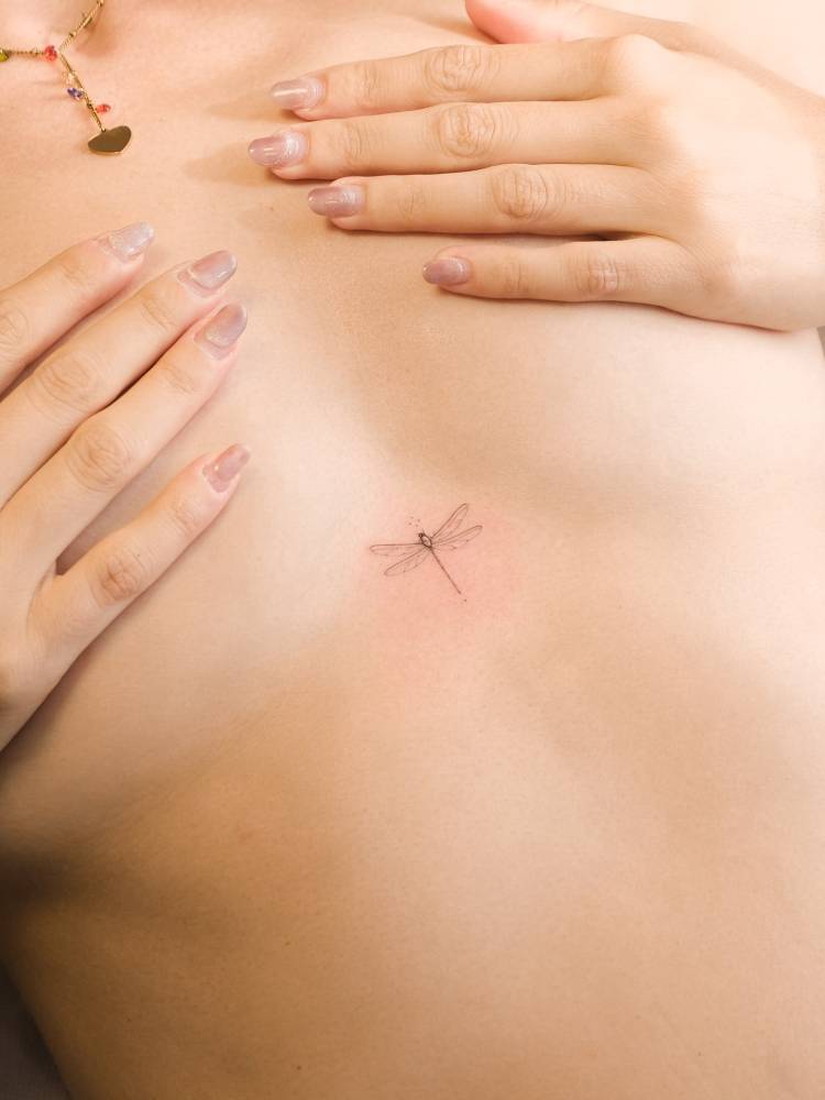 Little dragonfly tattoo located on the sternum.