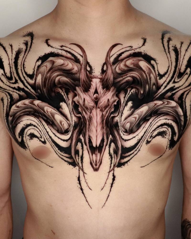 Baphomet tattoo in blackwork style located on the chest.