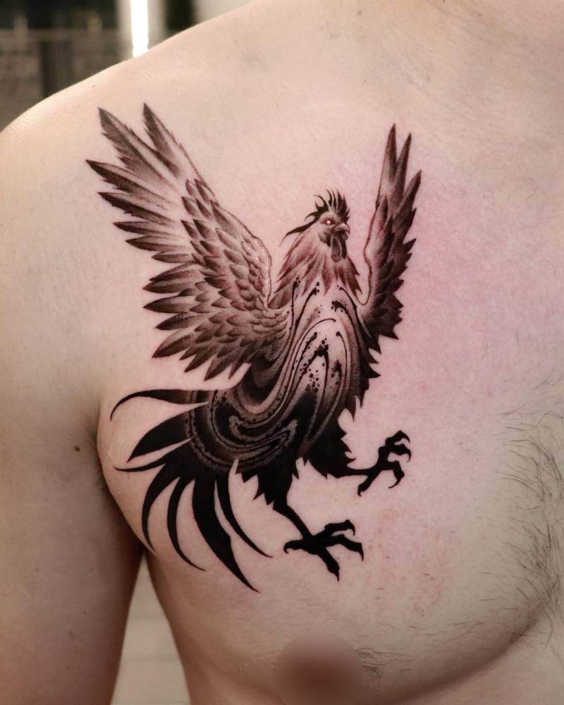 Blackwork style chicken tattoo placed on the chest.