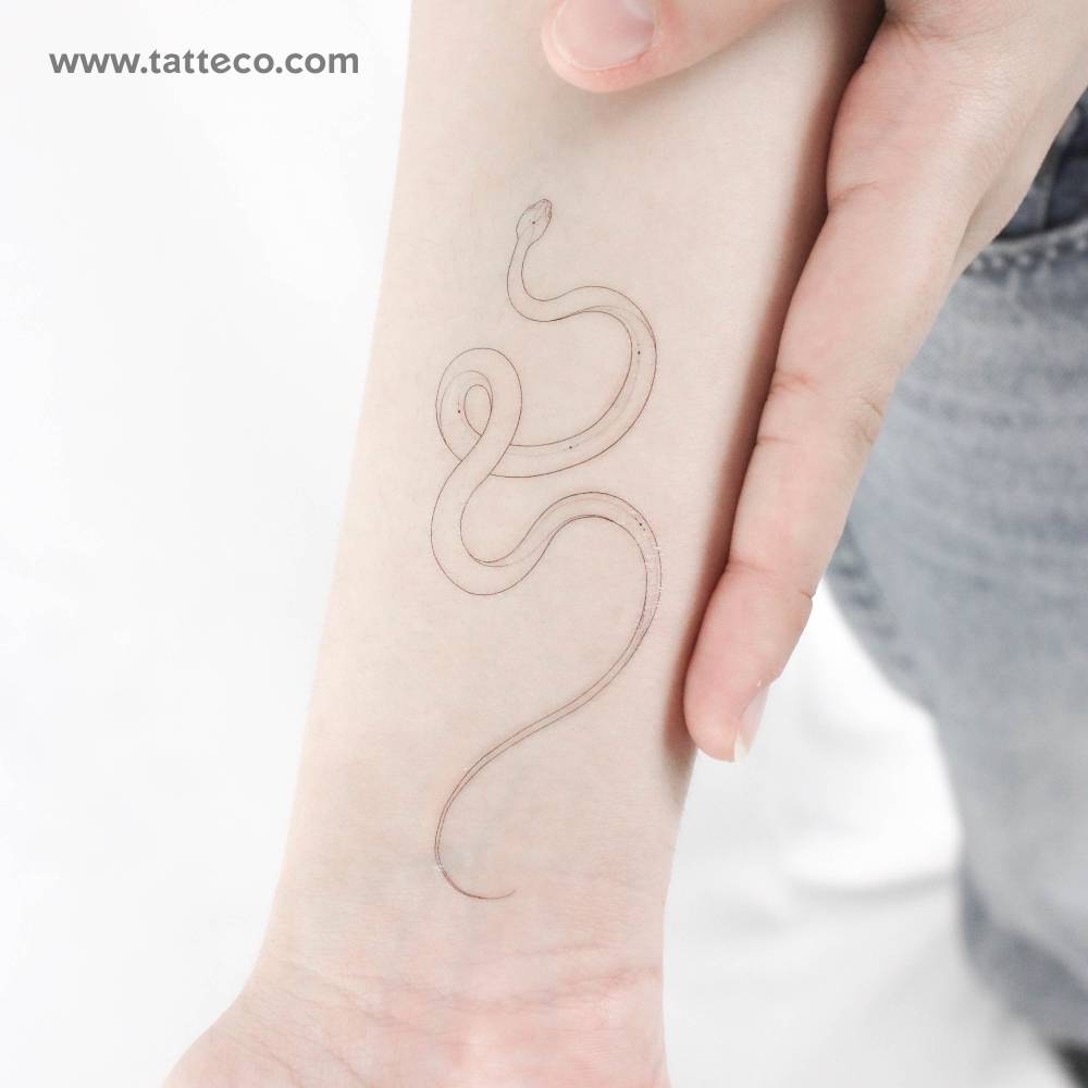 Snake temporary tattoo in fine line style by Harmlessberry.
