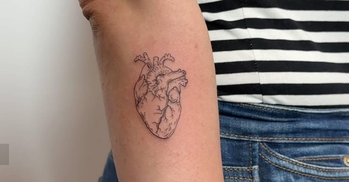 Fine line style anatomical heart tattoo done on the