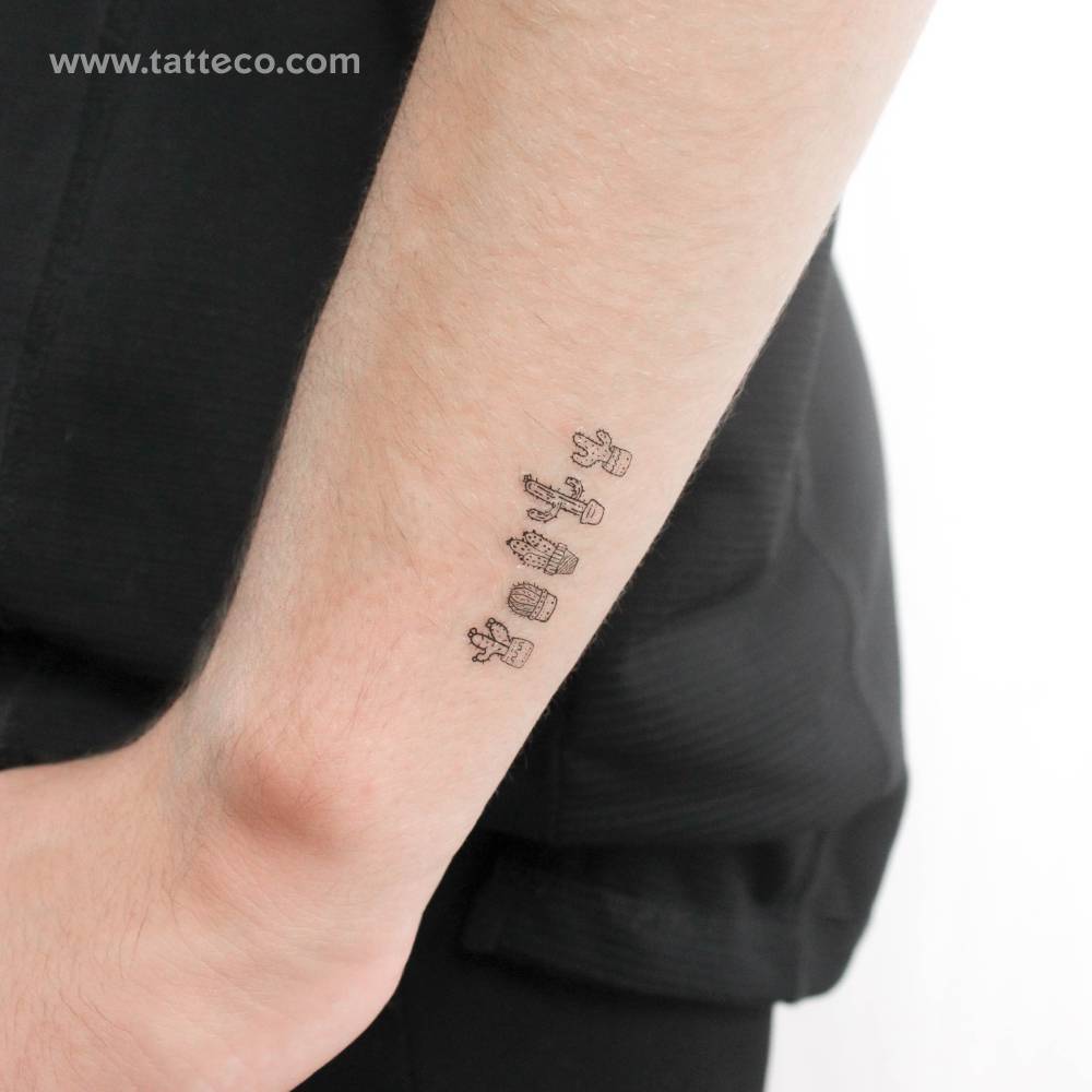 Cactus family temporary tattoo located on the wrist.