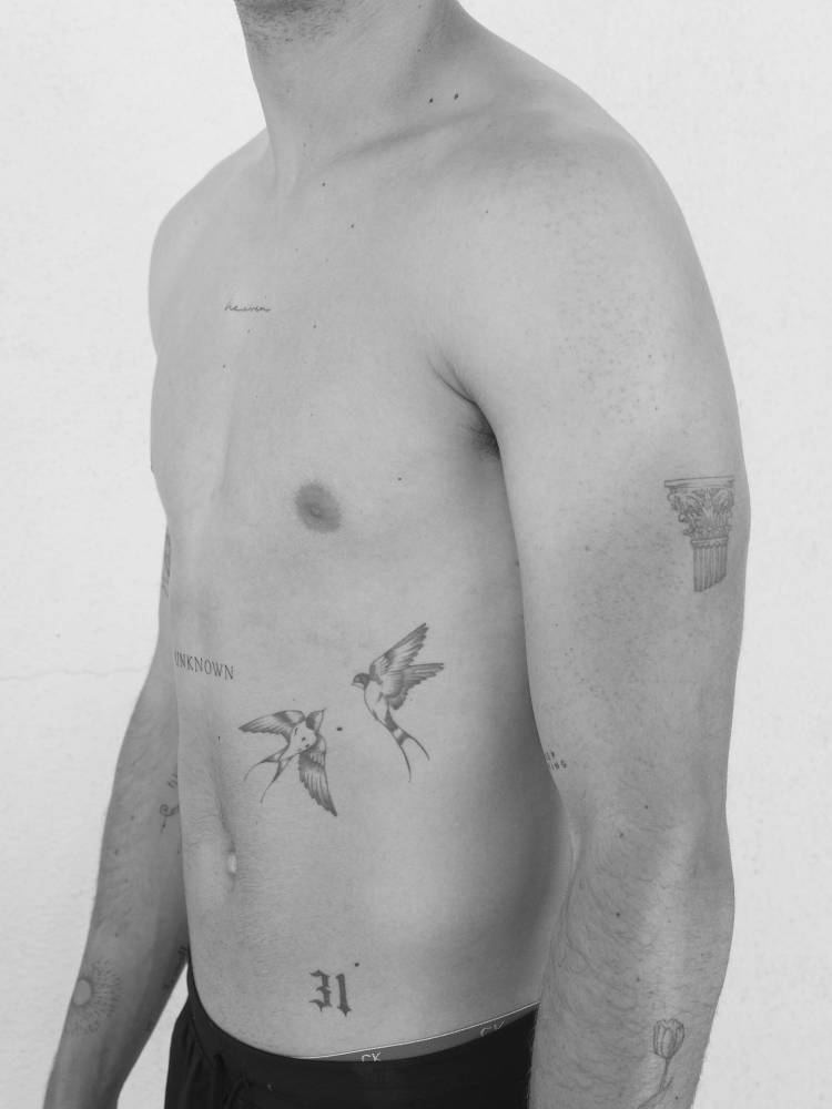Illustrative style swallow couple tattoo located on the rib.