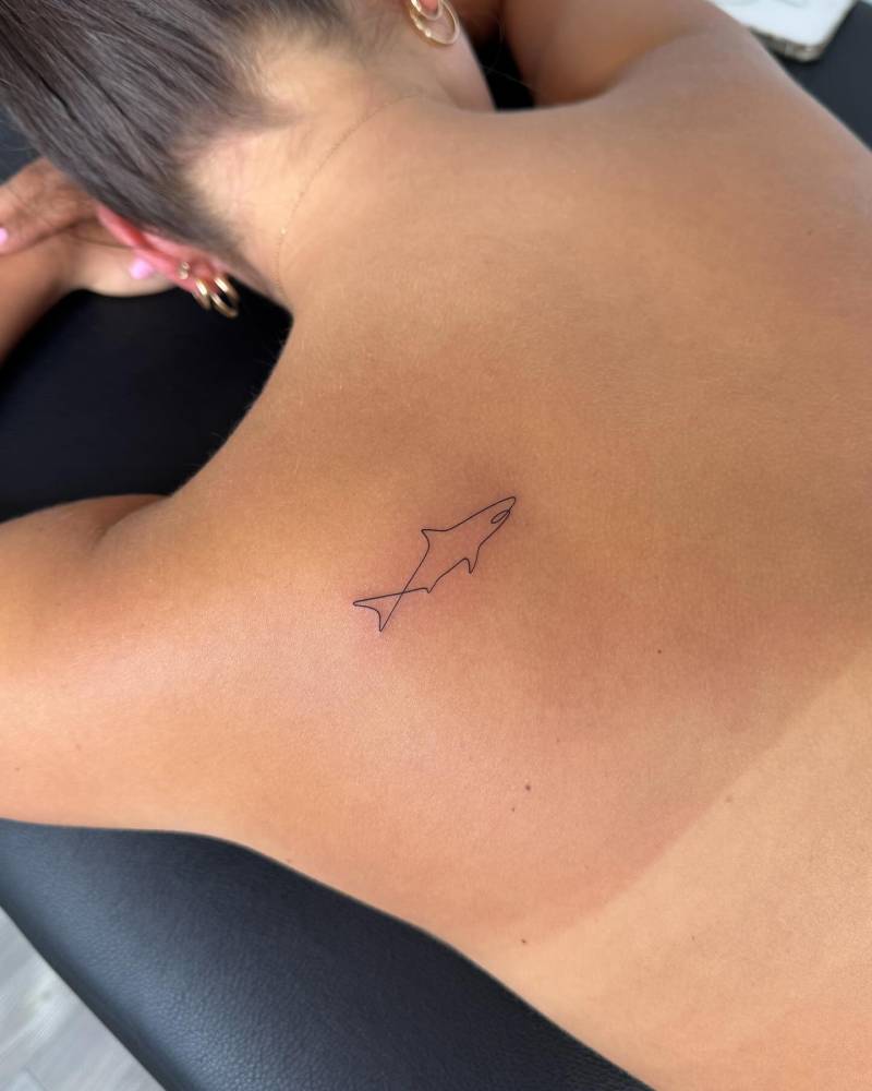 Little shark tattoo done in single line, placed on the shoulder blade.