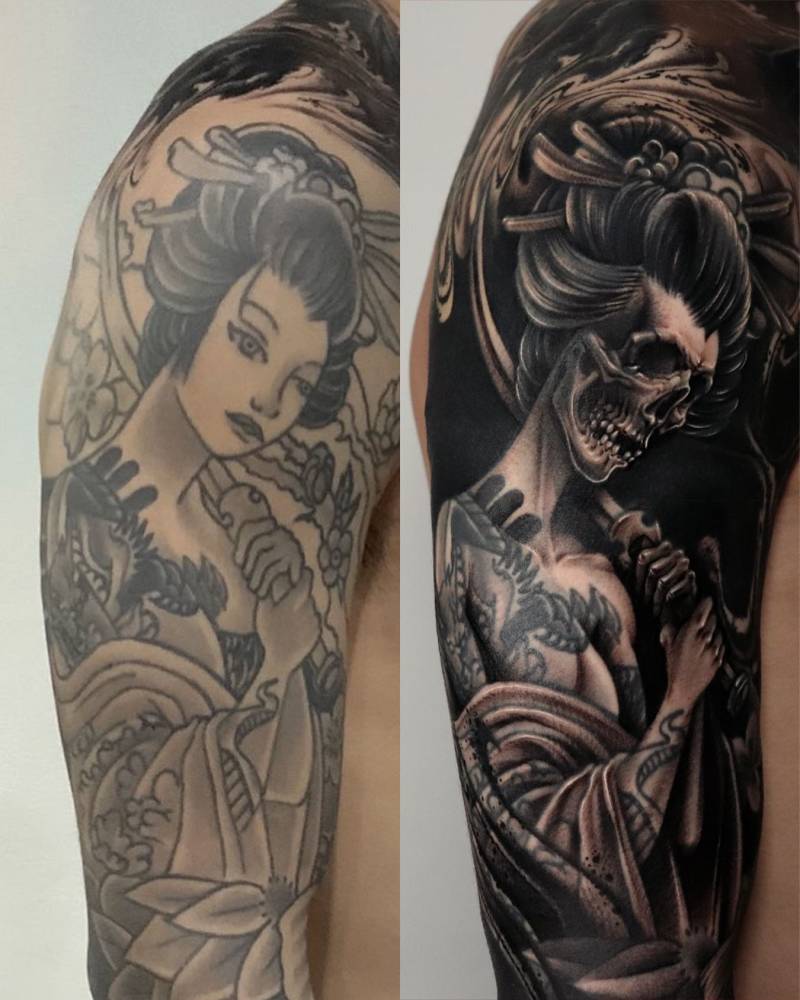 Blackwork style skeleton geisha cover-up tattoo located on the upper arm.