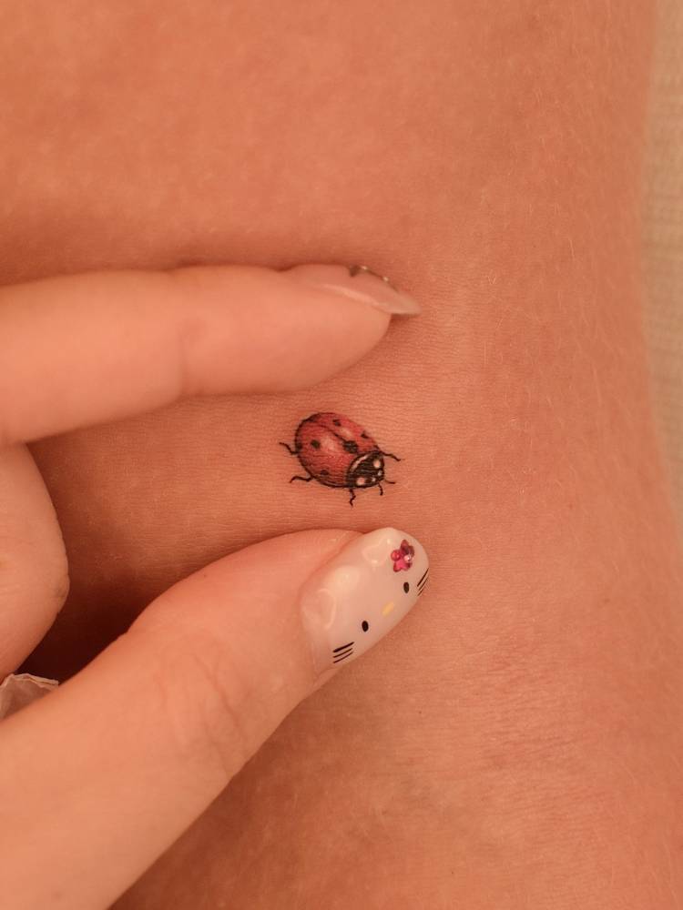 Tiny illustrative style ladybug tattoo located on the upper arm.