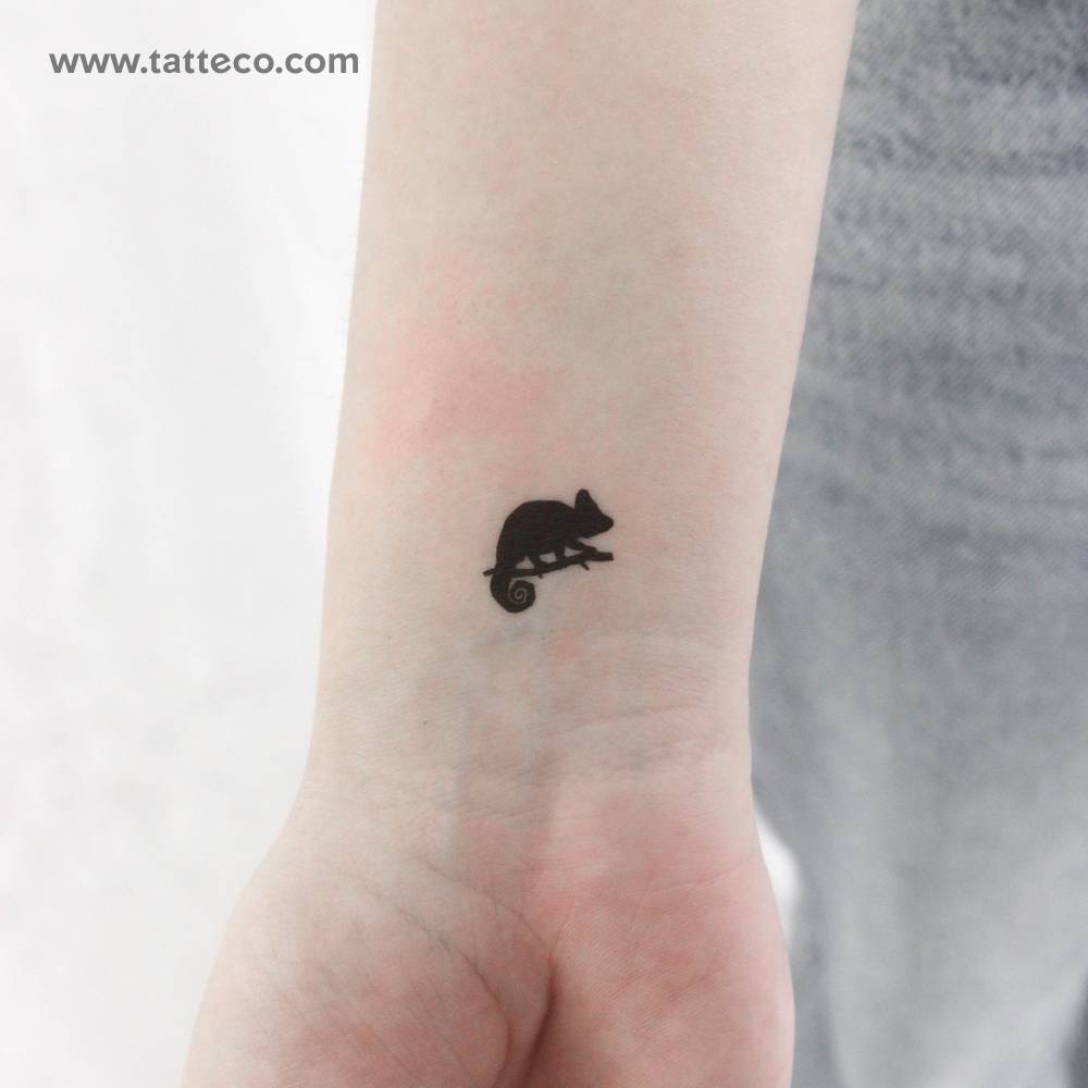 Blackwork style chameleon temporary tattoo placed on the wrist.