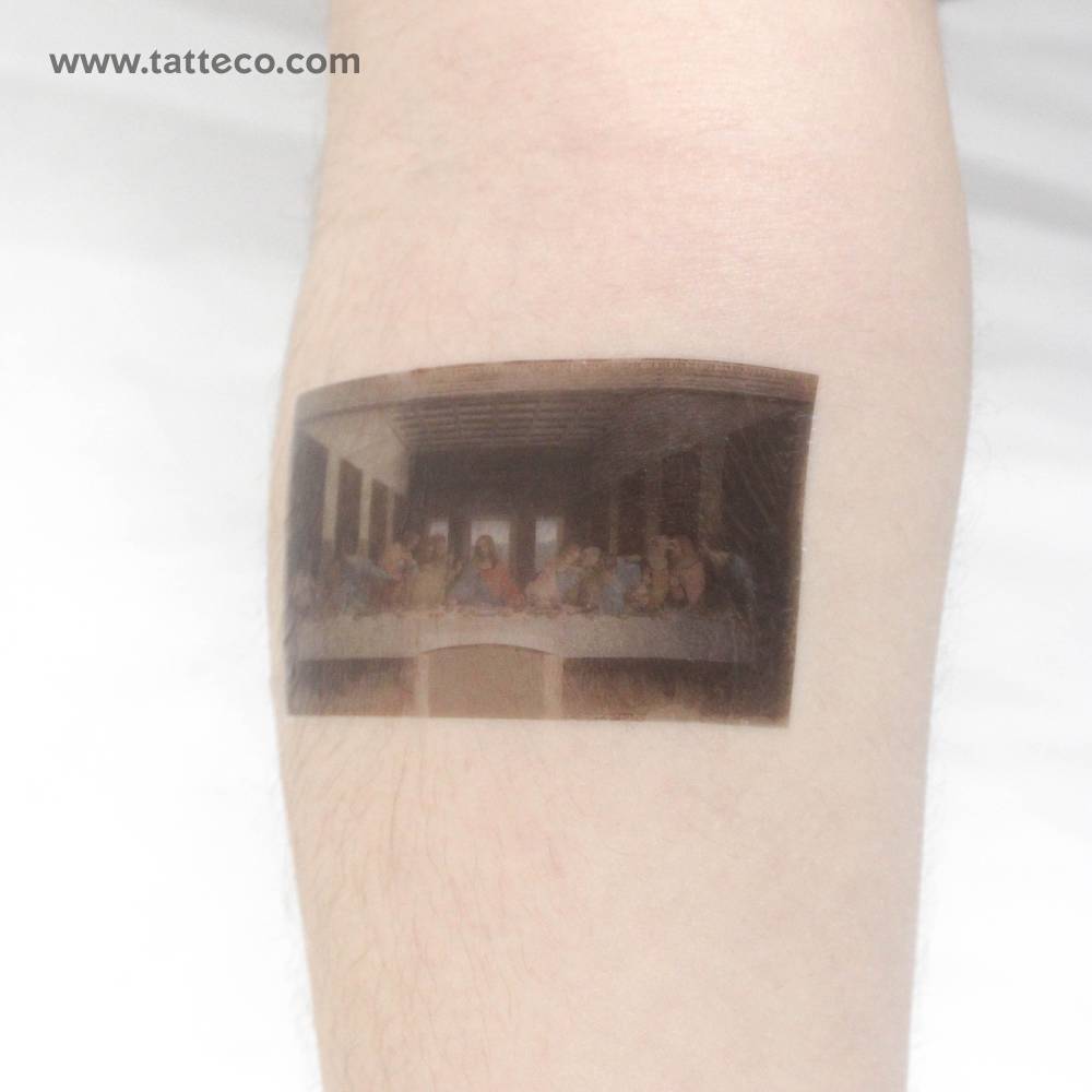 'The Last Supper' temporary tattoo located on the inner forearm.
