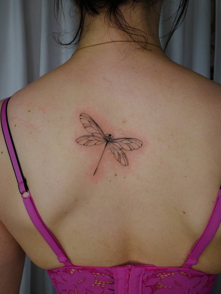 Illustrative style dragonfly tattoo located on the upper back.