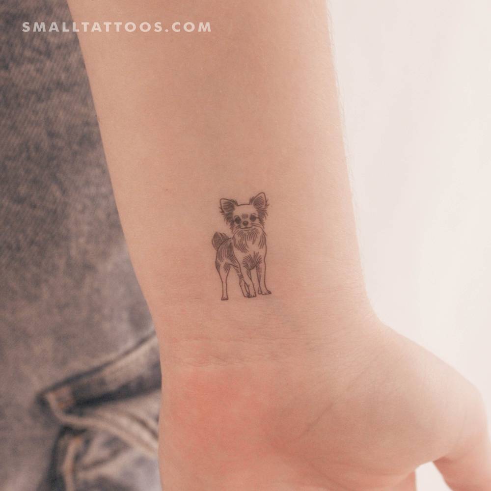 Fine line style Chihuahua temporary tattoo located on the wrist.