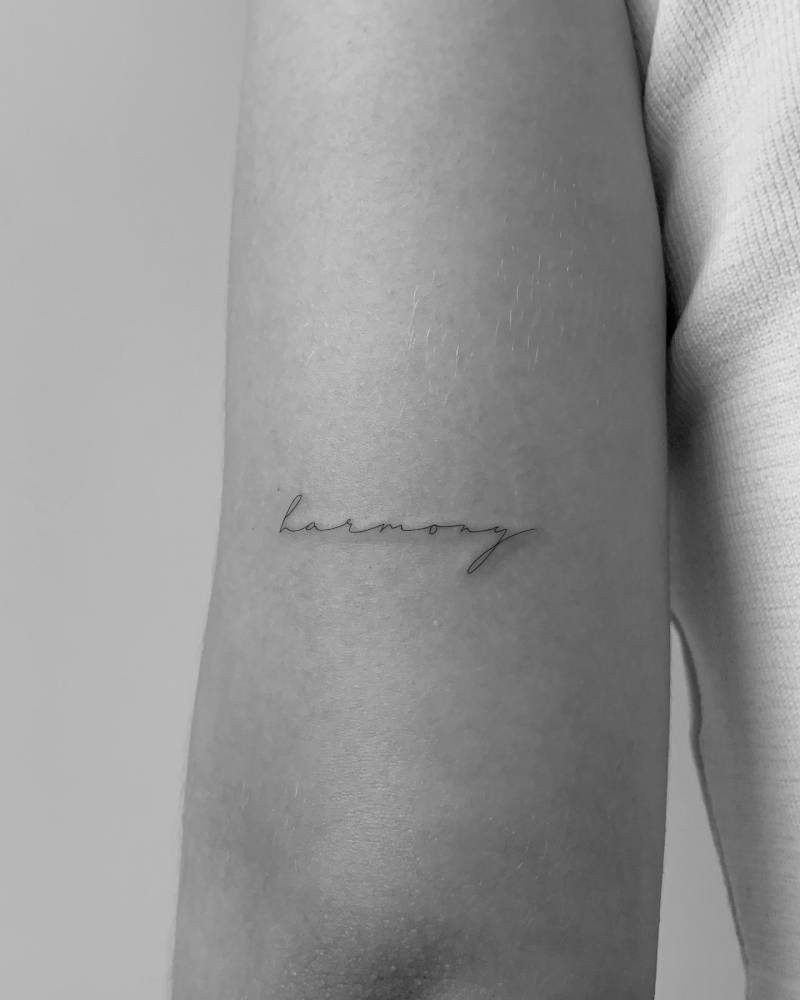 Word "harmony" in handwritten font tattooed on the tricep.