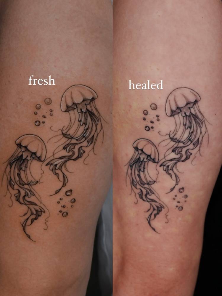 Fresh and healed jellyfish tattoo located on the thigh.