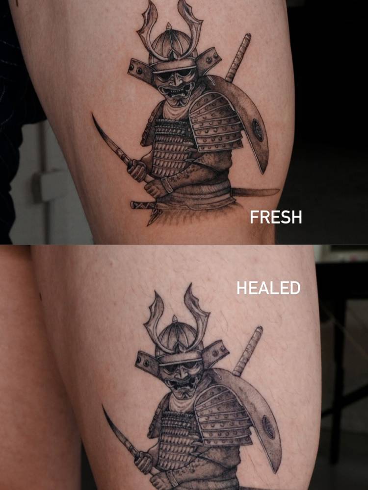 Illustrative style Kabuto tattoo located on the thigh (fresh and healed).