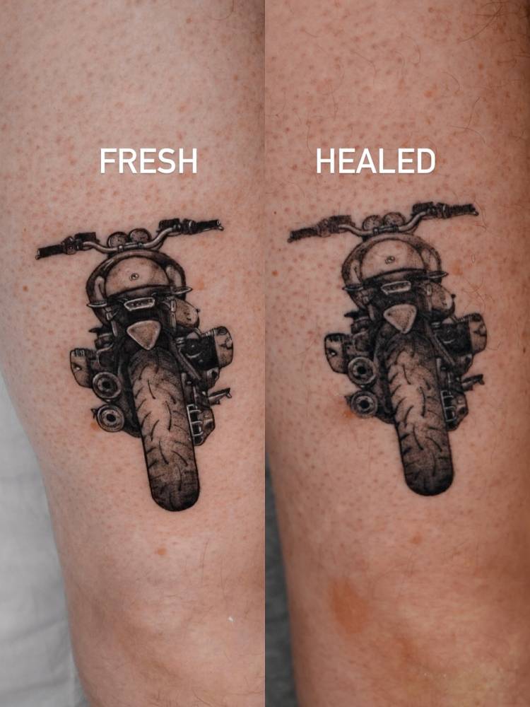 Motorbike tattoo in illustrative style located on the thigh (fresh vs. healed).