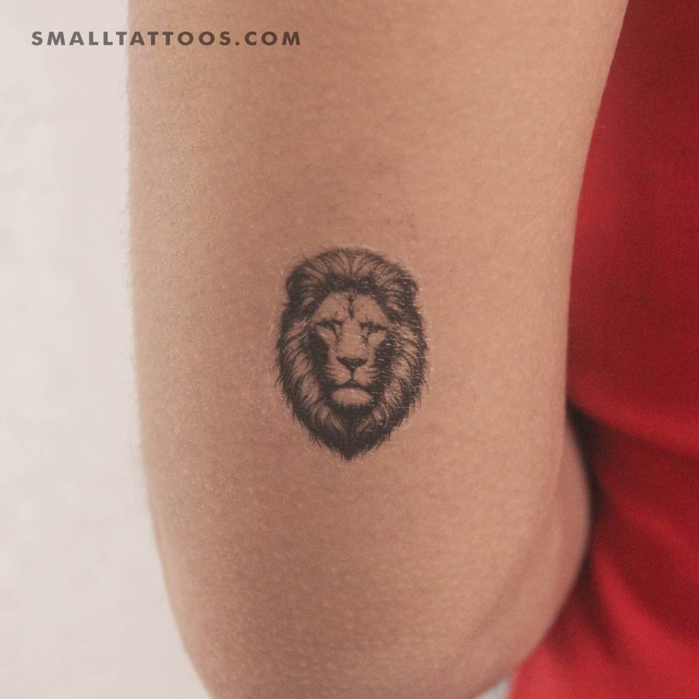 Micro-realistic style lion portrait temporary tattoo.
