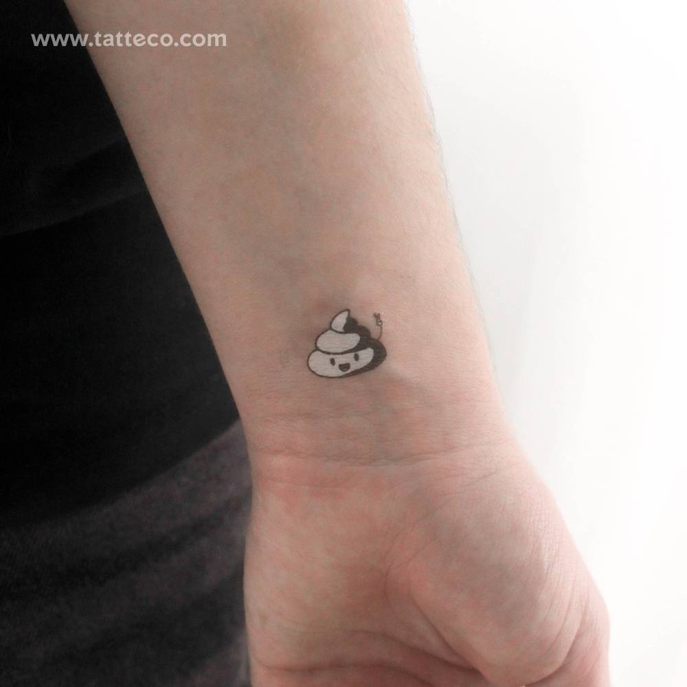 Pile of poop temporary tattoo located on the wrist.