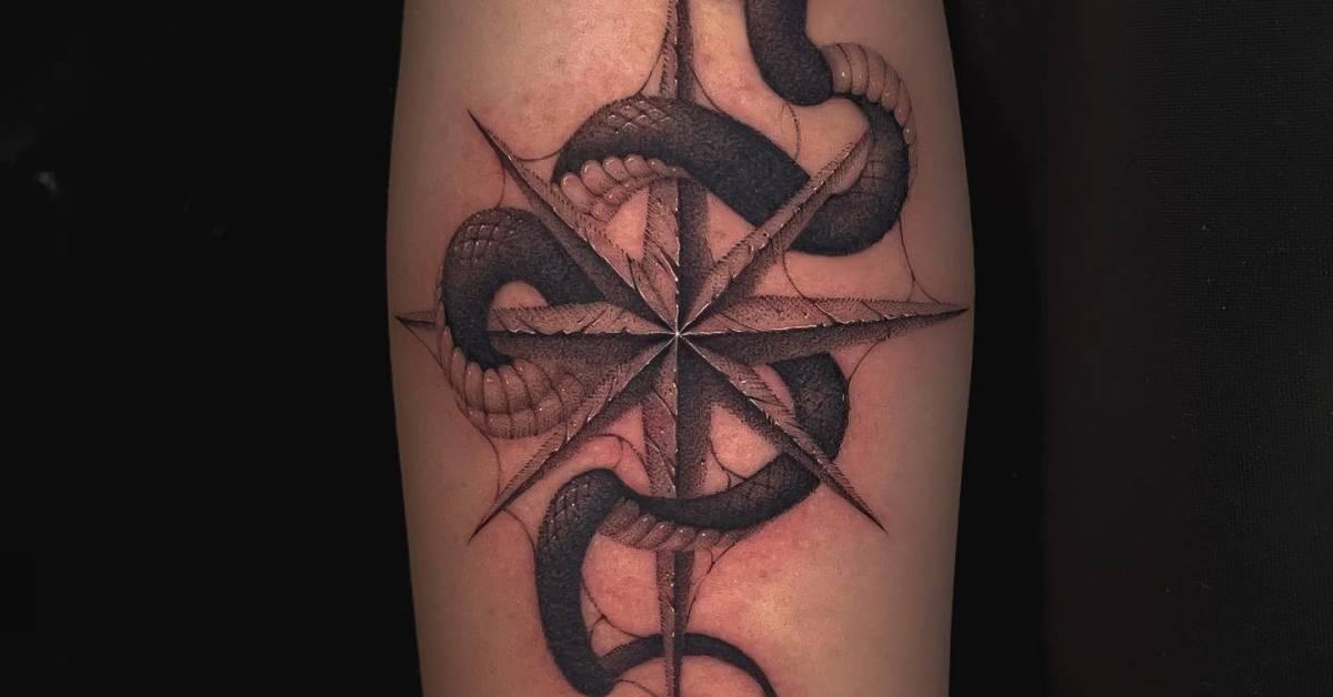 Compass rose and snake tattoo in illustrative style