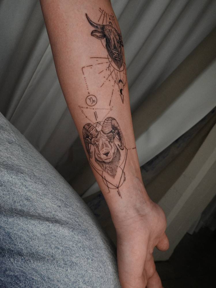 Illustrative style ram portrait tattoo located on the wrist.