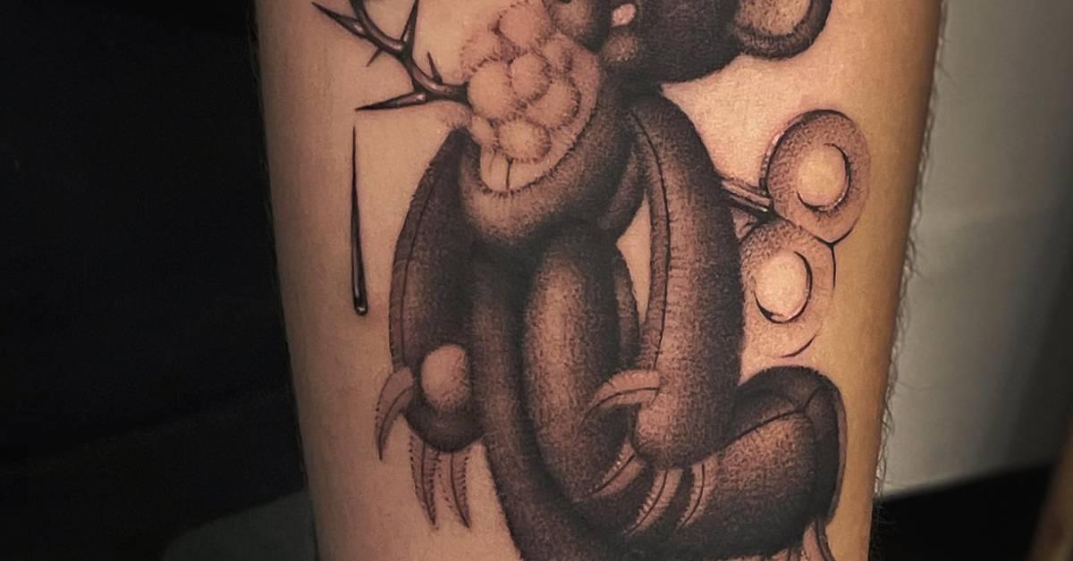 Dotwork style teddy bear tattoo located on the inner