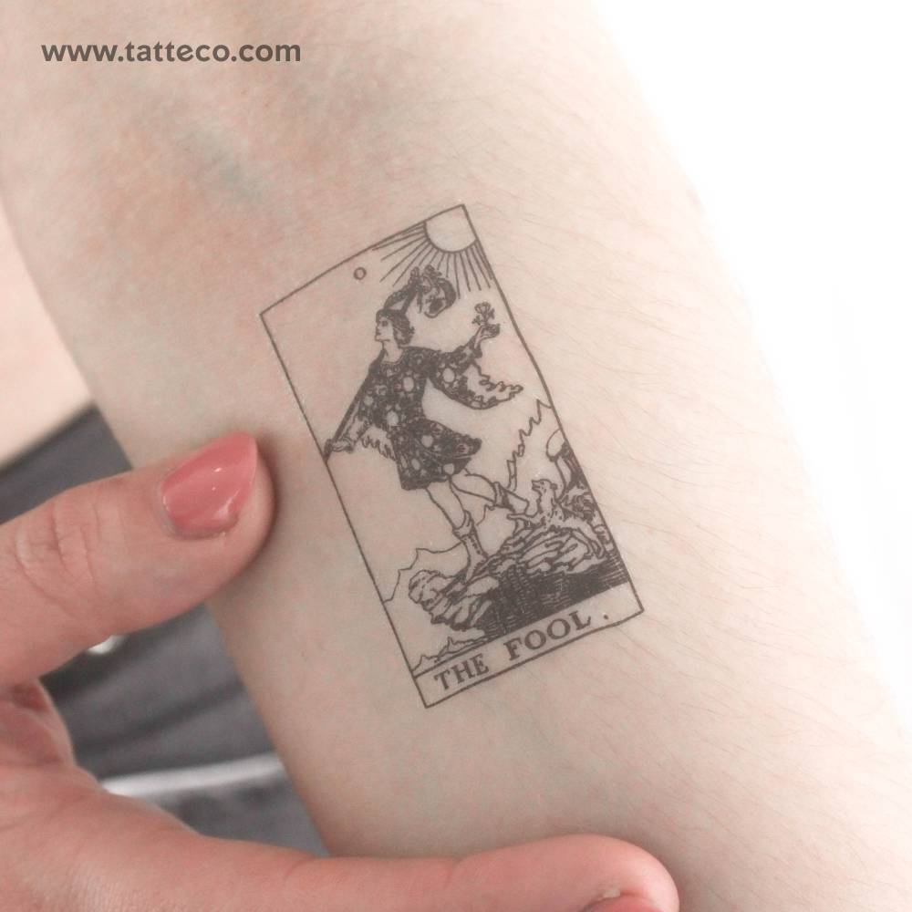 Blackwork style The Fool tarot card temporary tattoo.